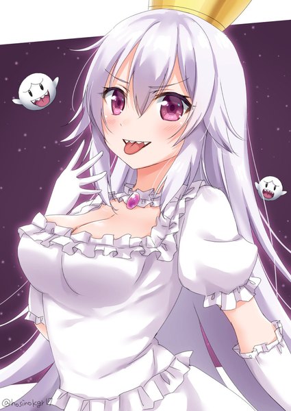 Anime picture 752x1062 with super mario bros. new super mario bros. u deluxe princess king boo boo (mario) hoshino kagari single long hair tall image blush breasts purple eyes signed cleavage silver hair upper body teeth puffy sleeves twitter username sharp teeth girl