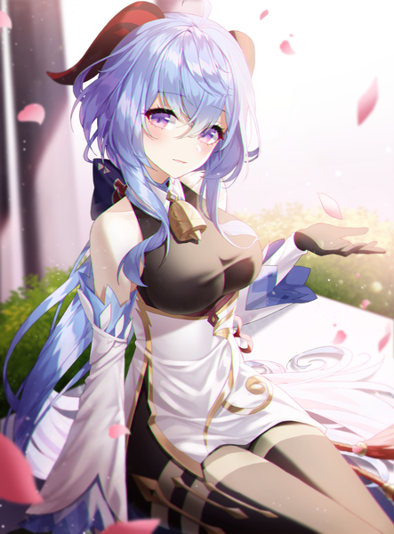 Anime picture 3000x4061 with genshin impact ganyu (genshin impact) meoyo single long hair tall image looking at viewer blush fringe highres breasts hair between eyes large breasts sitting purple eyes bare shoulders blue hair ahoge outdoors traditional clothes