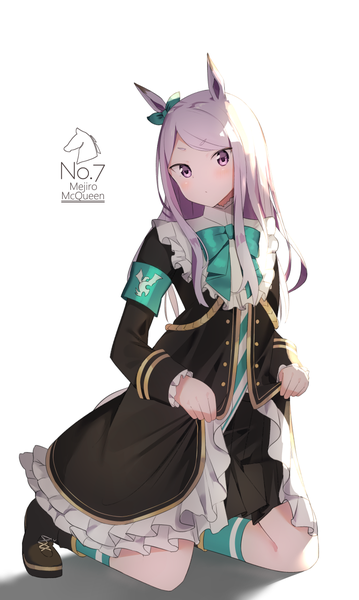 Anime-Bild 719x1200 mit umamusume mejiro mcqueen (umamusume) idemitsu single long hair tall image looking at viewer blush fringe simple background white background purple eyes animal ears silver hair full body tail pleated skirt shadow character names kneeling