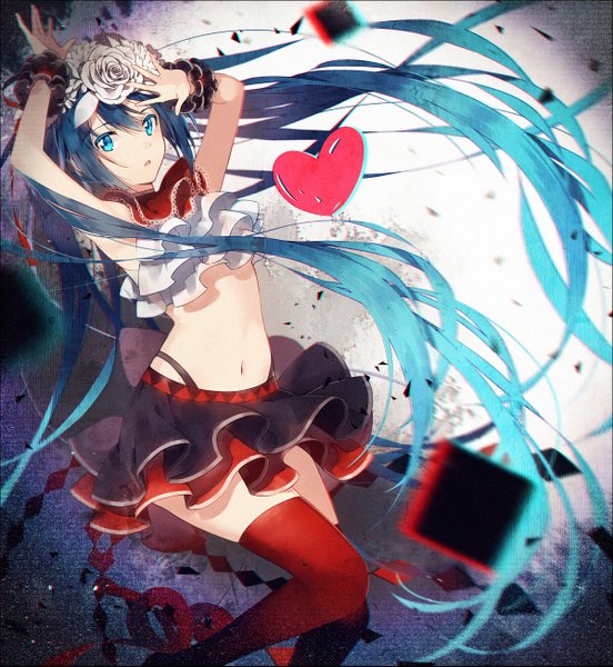 Anime picture 1200x1305 with project diva vocaloid nisoku hokou (vocaloid) hatsune miku hakusai (tiahszld) single tall image looking at viewer fringe hair between eyes twintails bent knee (knees) very long hair hair flower aqua eyes aqua hair arms up bare belly zettai ryouiki sleeveless