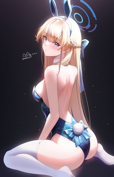 Anime-Bild 2682x4161 mit blue archive toki (blue archive) toki (bunny) (blue archive) kuma mudi single long hair tall image looking at viewer blush fringe highres breasts blue eyes light erotic simple background blonde hair bare shoulders animal ears ass tail