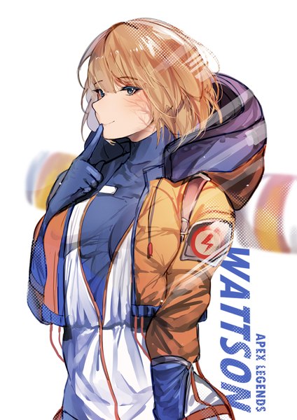 Anime picture 2894x4093 with apex legends wattson (apex legends) kagura miyabi single tall image highres short hair blue eyes simple background blonde hair smile white background upper body open jacket copyright name character names finger to mouth scar girl gloves