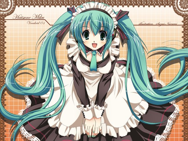 Anime picture 1600x1200 with vocaloid hatsune miku suzui narumi long hair highres twintails :d aqua eyes aqua hair maid wallpaper girl dress ribbon (ribbons) necktie frills