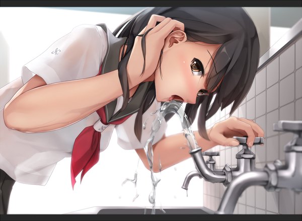 Anime picture 1100x805 with original eto single looking at viewer blush fringe short hair open mouth black hair brown eyes embarrassed adjusting hair girl uniform school uniform water serafuku tongue splashes