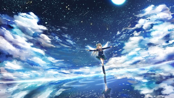 Anime picture 1600x900 with love live! school idol project sunrise (studio) love live! minami kotori atatos single long hair smile brown hair wide image standing cloud (clouds) eyes closed pleated skirt night night sky one side up plaid skirt reflection spread arms