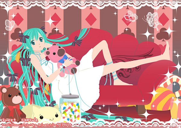 Anime picture 1024x724 with vocaloid hatsune miku e-megu (artist) long hair green eyes green hair girl dress bow hair bow white dress pillow couch wire (wires) teddy bear phone