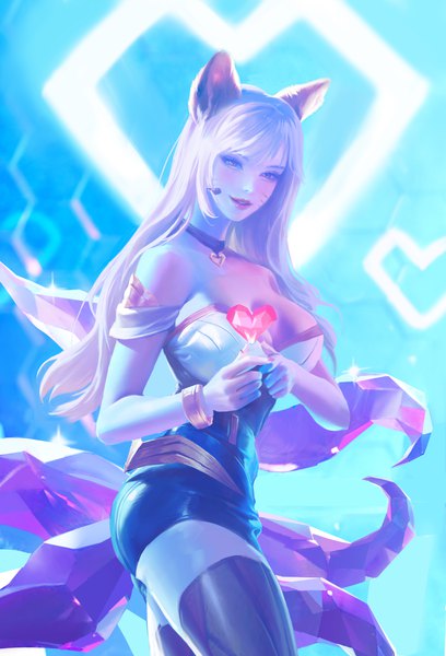 Anime picture 4000x5879 with league of legends k/da (league of legends) ahri (league of legends) k/da ahri leesuyeon single long hair tall image fringe highres breasts open mouth light erotic blonde hair large breasts standing bare shoulders brown eyes animal ears absurdres