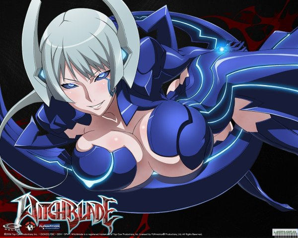 Anime picture 1280x1024 with witchblade tsuzuki shiori single breasts blue eyes light erotic smile large breasts silver hair tattoo huge breasts glow girl armor huge weapon
