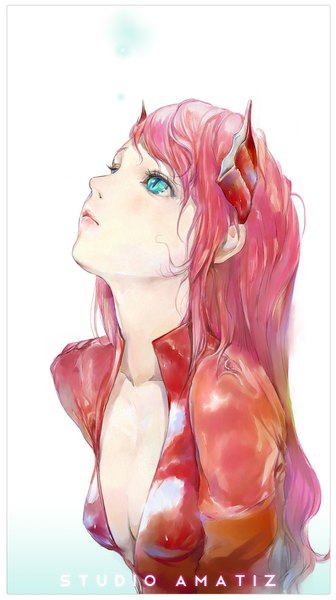 Anime picture 554x987 with original amatiz single long hair tall image fringe simple background white background green eyes signed pink hair cleavage profile horn (horns) inscription wet portrait looking up framed cat eyes
