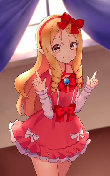 Anime picture 640x1026 with eromanga sensei a-1 pictures yamada elf april cho single long hair tall image looking at viewer blush fringe blonde hair standing yellow eyes payot indoors light smile pointy ears sunlight drill hair girl