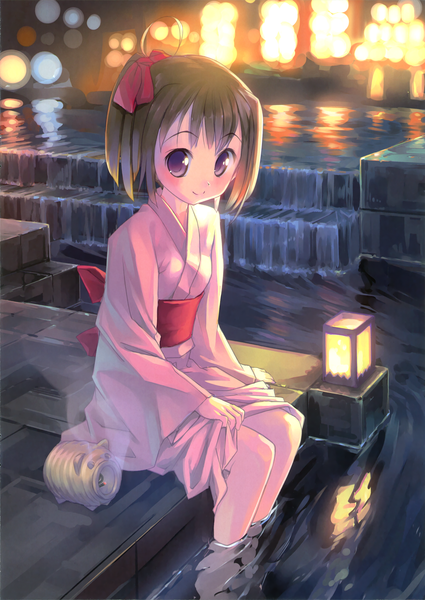 Anime picture 2505x3540 with original takoyaki (roast) single tall image looking at viewer highres short hair brown hair sitting brown eyes japanese clothes scan girl water kimono