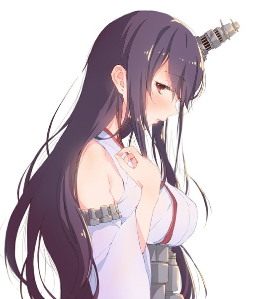 Anime picture 852x1000 with kantai collection fusou battleship aida takanobu single long hair tall image looking at viewer blush black hair simple background white background brown eyes traditional clothes japanese clothes profile nontraditional miko girl hair ornament