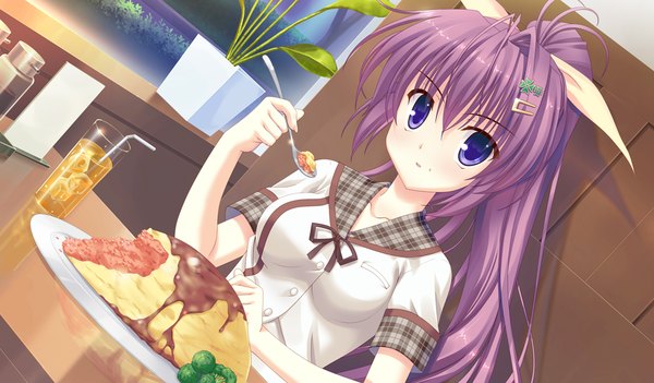 Anime picture 1024x600 with tsukumonotsuki long hair blue eyes wide image game cg purple hair ponytail eating girl uniform school uniform food omelet omurice