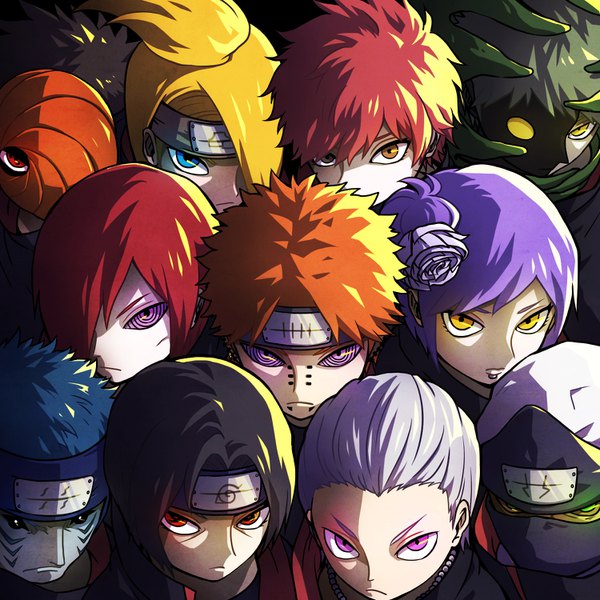 Anime picture 1500x1500 with naruto studio pierrot naruto (series) uchiha itachi uchiha obito tobi deidara sasori pain (naruto) konan hidan hoshigaki kisame kakuzu zetsu nagato (naruto) m_ako0 long hair looking at viewer fringe short hair