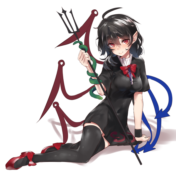 Anime picture 1137x1107 with touhou houjuu nue asuzemu single long hair looking at viewer blush fringe breasts black hair simple background smile hair between eyes red eyes white background sitting holding payot full body ahoge