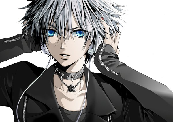 Anime picture 2027x1437 with vocaloid kagamine len hakuseki highres short hair blue eyes simple background white background silver hair nail polish boy headphones rose (roses) collar wire (wires)