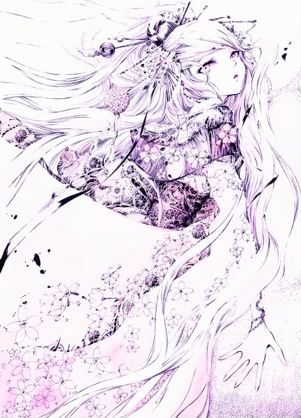 Anime picture 720x1000 with original charmal (pixiv) single tall image looking away very long hair traditional clothes japanese clothes cherry blossoms monochrome girl hair ornament plant (plants) tree (trees) bracelet kimono hairclip hairpin (hairpins)