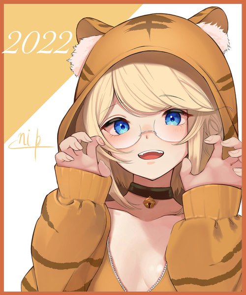 Anime picture 2000x2400 with original buket pudding i single tall image highres short hair open mouth blue eyes light erotic blonde hair upper body long sleeves :d border sleeves past wrists new year bell collar animal hood unzipped claw pose
