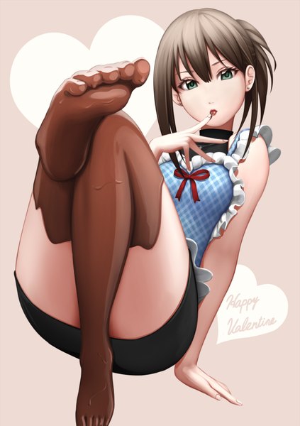 Anime picture 565x800 with idolmaster idolmaster cinderella girls shibuya rin bon-da single tall image looking at viewer fringe light erotic simple background brown hair green eyes fingernails lips alternate costume finger to mouth alternate hairstyle valentine licking hair up