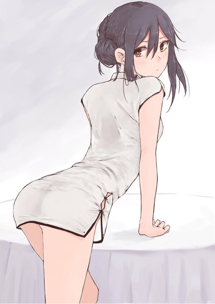 Anime picture 1254x1771 with original rutchifu single long hair tall image fringe breasts light erotic black hair brown eyes ass traditional clothes head tilt looking back from behind grey background arm support short sleeves hair bun (hair buns) chinese clothes