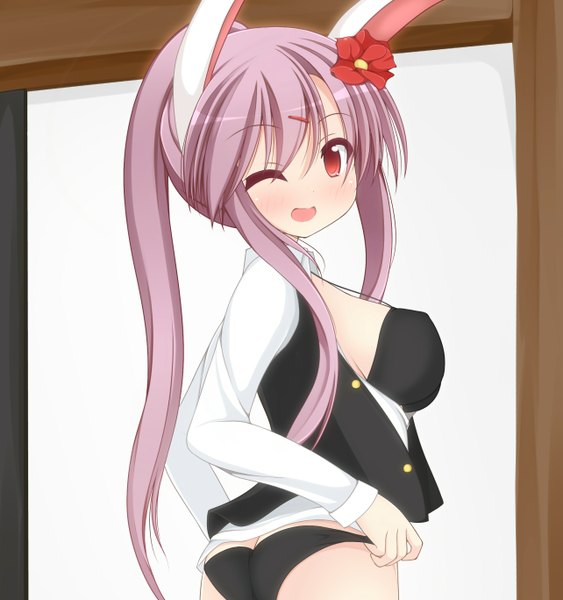 Anime picture 1284x1368 with touhou reisen udongein inaba chimunge single long hair tall image blush light erotic red eyes purple hair ponytail one eye closed looking back wink bunny ears girl underwear panties