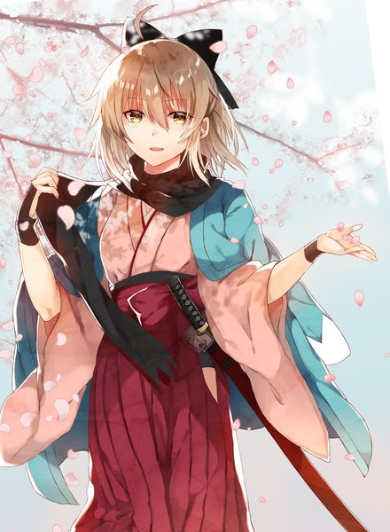 Anime picture 2076x2831 with fate (series) fate/grand order okita souji (fate) (all) okita souji (koha-ace) nagatsuki take single tall image looking at viewer fringe highres short hair open mouth blonde hair hair between eyes yellow eyes ahoge traditional clothes japanese clothes cherry blossoms outstretched arm