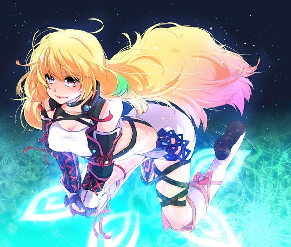 Anime picture 1024x870 with tales of (series) tales of xillia milla maxwell mathuri single long hair blonde hair red eyes bare shoulders girl gloves ribbon (ribbons) knee boots