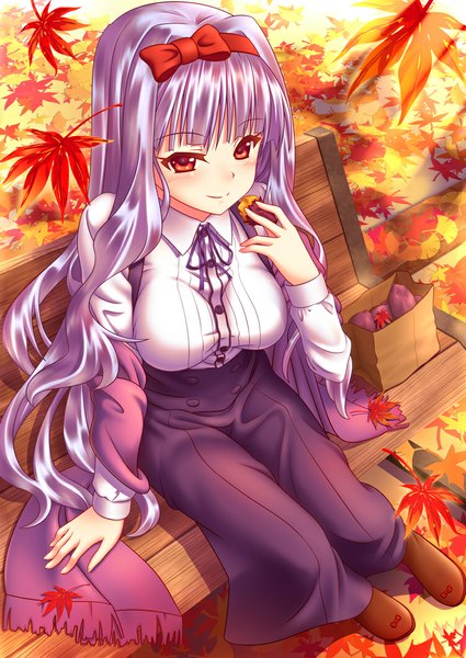 Anime picture 752x1062 with idolmaster shijou takane nazu-na single long hair tall image blush red eyes sitting silver hair eating girl dress bow hair bow scarf leaf (leaves) autumn leaves bench