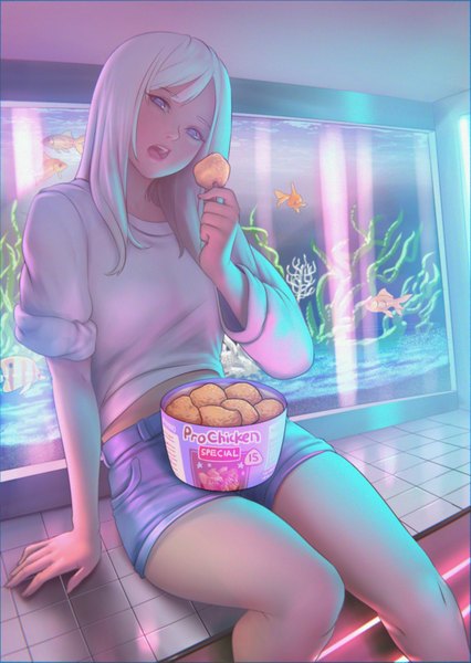 Anime picture 1611x2271 with original edith wilton mawa setiawan single long hair tall image looking at viewer fringe open mouth blue eyes blonde hair sitting holding realistic arm support twisty sleeves girl food shorts t-shirt