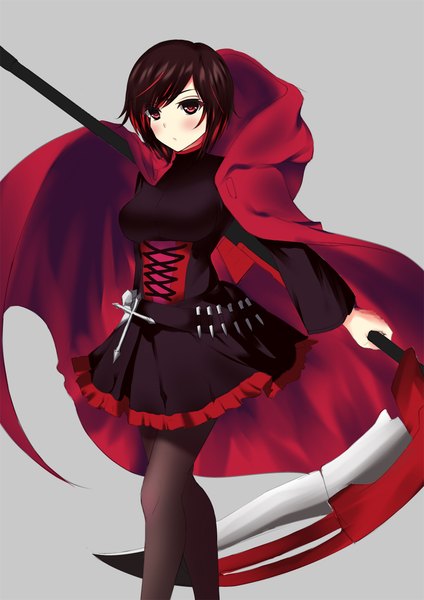 Anime picture 1488x2104 with rwby rooster teeth ruby rose wish white single tall image blush fringe short hair breasts simple background standing holding brown eyes looking away red hair long sleeves grey background wide sleeves girl