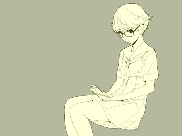 Anime picture 1600x1200 with otome function tatiana vasilievna stalina ino looking at viewer fringe short hair sitting black eyes grey background short sleeves monochrome reading girl skirt uniform school uniform glasses necktie book (books)