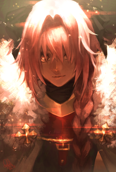 Anime picture 1378x2039 with fate (series) fate/grand order fate/apocrypha astolfo (fate) hutagi rouka single long hair tall image looking at viewer fringe pink hair braid (braids) pink eyes hair over one eye single braid portrait otoko no ko boy bow hair bow