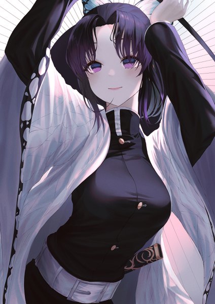 Anime picture 2000x2828 with kimetsu no yaiba ufotable kochou shinobu xeonomi single tall image looking at viewer blush fringe highres short hair breasts black hair simple background standing purple eyes holding long sleeves traditional clothes japanese clothes