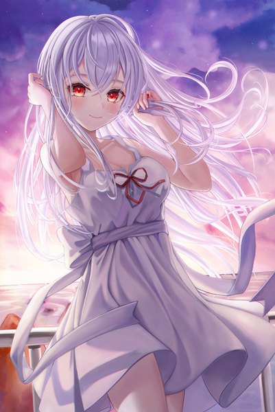 Anime picture 1799x2691 with original funii single long hair tall image looking at viewer blush fringe highres smile hair between eyes red eyes standing sky silver hair cloud (clouds) outdoors nail polish fingernails wind