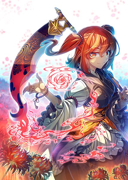 Anime picture 714x1000 with touhou onozuka komachi zounose single tall image looking at viewer fringe short hair smile hair between eyes red eyes red hair two side up girl flower (flowers) weapon bracelet scythe
