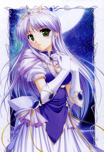 Anime picture 1324x1938 with yoake mae yori ruri iro na august soft feena fam earthlight single long hair tall image looking at viewer blush green eyes purple hair princess girl dress gloves elbow gloves moon crown