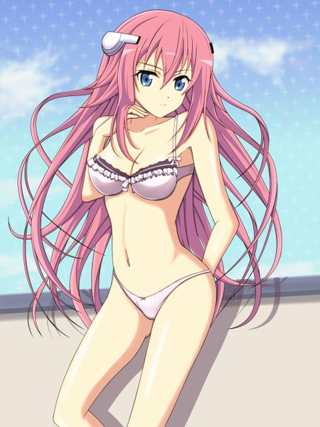 Anime picture 960x1280 with gakusen toshi asterisk julis-alexia van riessfeld egichan single long hair tall image looking at viewer breasts blue eyes light erotic smile pink hair underwear only girl navel hair ornament underwear panties lingerie bra