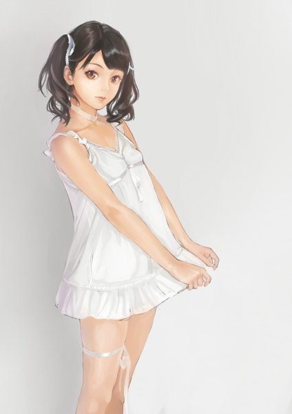 Anime picture 900x1272 with original ttk (kirinottk) single tall image looking at viewer short hair black hair simple background twintails brown eyes girl dress sundress
