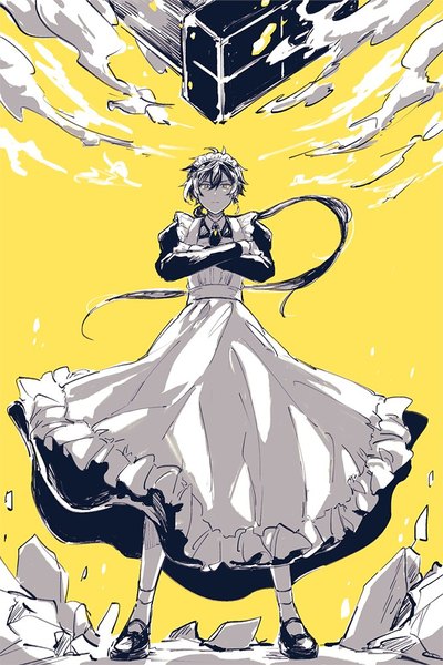 Anime picture 667x1000 with genshin impact zhongli (genshin impact) zzz (yuzuponzu86) single long hair tall image looking at viewer fringe hair between eyes standing yellow eyes full body ponytail maid alternate costume monochrome crossed arms yellow background spot color crossdress