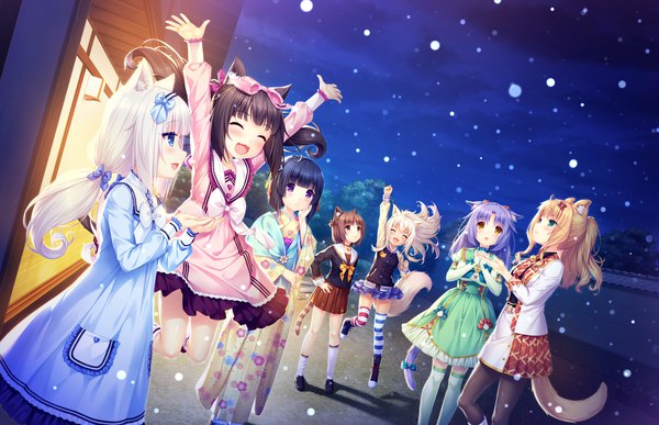 Anime picture 2370x1530 with neko paradise neko works (studio) vanilla (nekopara) chocola (nekopara) coconut (sayori) maple (sayori) cinnamon (sayori) azuki (sayori) minazuki shigure sayori long hair blush fringe highres short hair open mouth blue eyes black hair blonde hair smile