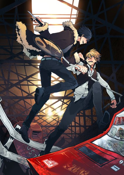 Anime picture 1200x1697 with durarara!! brains base (studio) orihara izaya heiwajima shizuo kimaku (artist) tall image short hair open mouth black hair blonde hair multiple boys battle boy weapon jacket 2 boys vest knife cigarette traffic sign