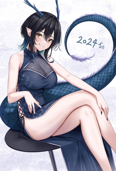 Anime picture 2400x3541 with original rama (yu-light8) single tall image looking at viewer fringe highres short hair breasts light erotic black hair smile hair between eyes large breasts sitting yellow eyes tail nail polish traditional clothes horn (horns)