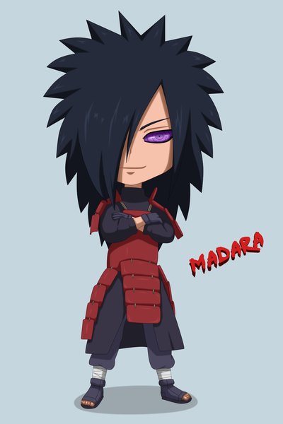 Anime picture 1000x1500 with naruto studio pierrot naruto (series) uchiha madara flowerinhell single long hair tall image fringe short hair simple background smile purple eyes blue hair hair over one eye inscription shadow character names chibi jinchuriki