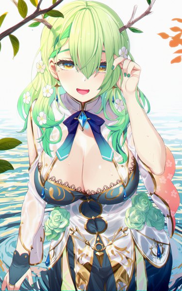 Anime picture 1023x1636 with virtual youtuber hololive hololive english ceres fauna ceres fauna (1st costume) kusaka souji single long hair tall image fringe breasts open mouth light erotic hair between eyes large breasts yellow eyes cleavage nail polish :d horn (horns)