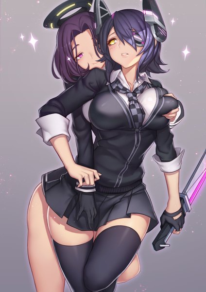 Anime picture 942x1332 with kantai collection tenryuu light cruiser tatsuta light cruiser evan yang tall image short hair breasts light erotic simple background purple eyes multiple girls yellow eyes purple hair pleated skirt zettai ryouiki breast grab shoujo ai girl thighhighs skirt