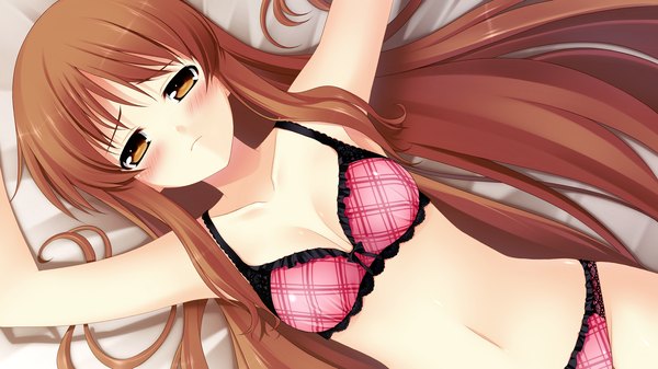 Anime picture 1280x720 with chuning lover hyoudou jun koso single long hair blush light erotic brown hair wide image brown eyes game cg underwear only girl navel underwear panties lingerie bra pink panties pink bra