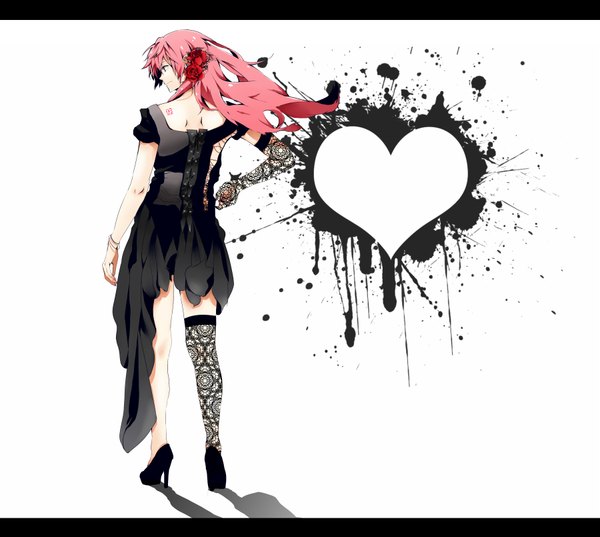Anime picture 1800x1613 with vocaloid megurine luka hatsuko single long hair highres standing looking away pink hair hair flower shadow back lacing girl thighhighs dress hair ornament heart black dress