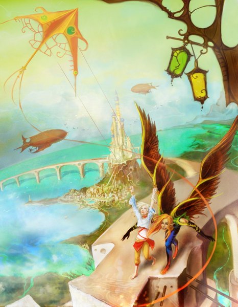 Anime picture 1280x1645 with original anndr (artist) long hair tall image short hair open mouth blonde hair holding sky barefoot pointy ears orange hair couple city looking up mountain landscape river running panorama