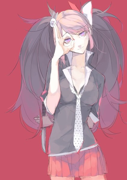 Anime picture 1240x1754 with dangan ronpa enoshima junko haruba negi single long hair tall image looking at viewer simple background purple eyes twintails pink hair red background girl uniform bow hair bow school uniform necktie knife
