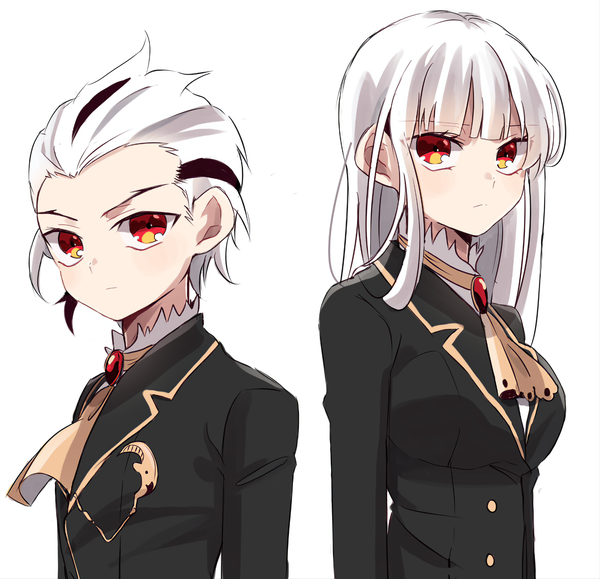 Anime picture 3376x3260 with noblesse seira j. roiard regis k. landegre kasuga kaya long hair looking at viewer fringe highres short hair breasts black hair simple background red eyes white background absurdres upper body white hair multicolored hair two-tone hair back to back